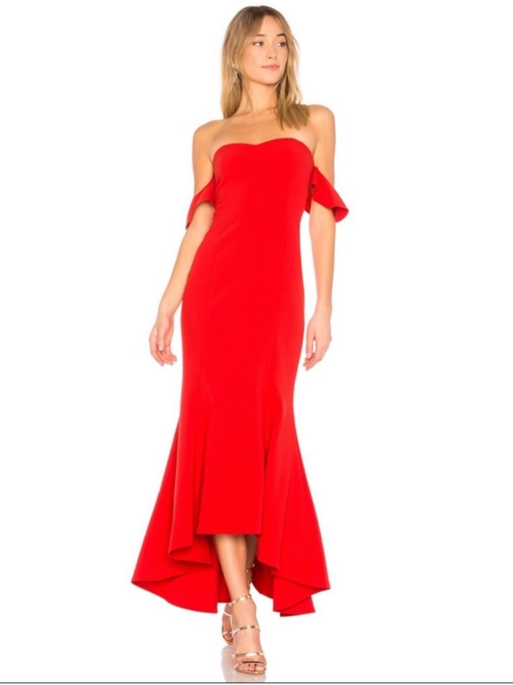 NEW REVOLVE LIKELY Red Off-Shoulder High-Low Gown